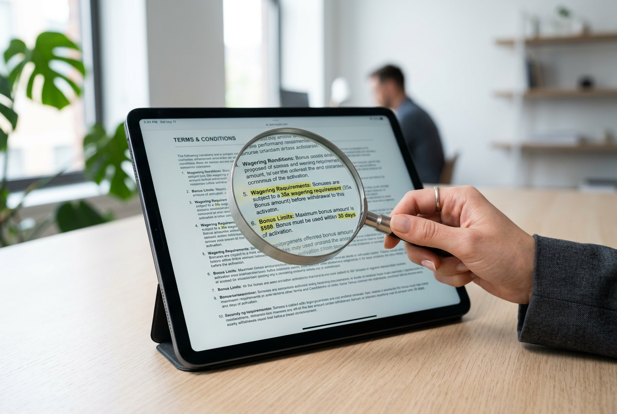 A magnifying glass focusing on the fine print of a digital contract