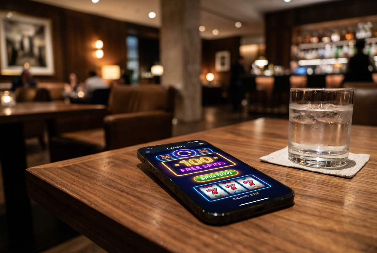 High-end smartphone displaying a casino interface with free spins icons