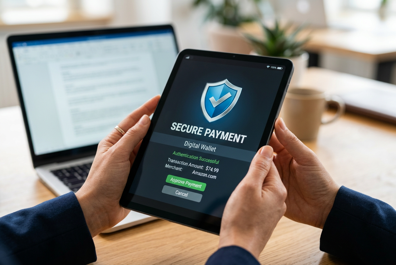 A digital payment concept showing a secure transaction on a tablet.