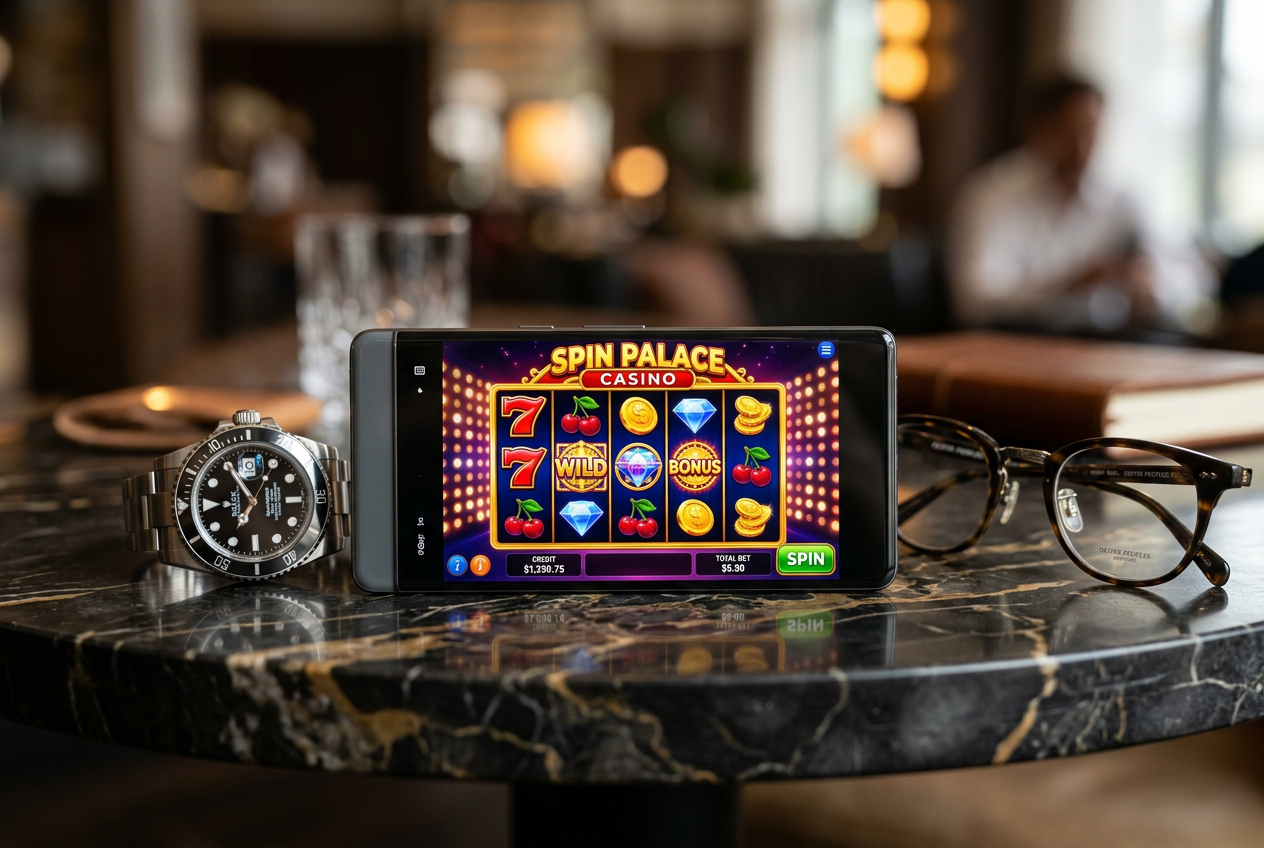 A high-end smartphone displaying a casino interface next to a luxury watch.